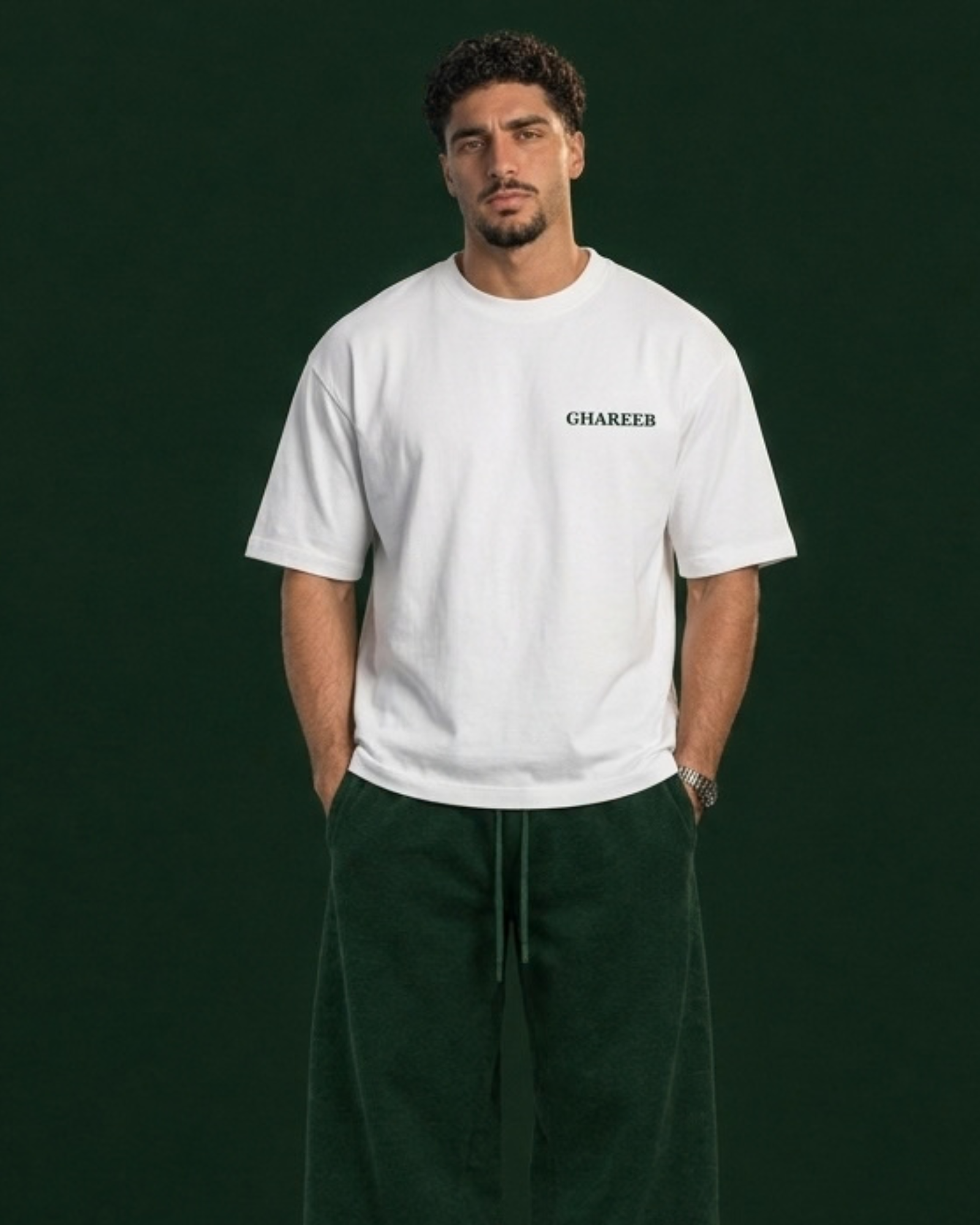 Fantasia Rider Oversized Tee — White worn by men’s model, front view