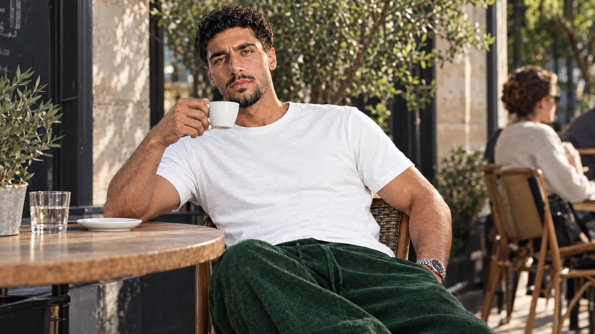 GHAREEB model wearing a white T-shirt and green sweatpants at a cafe