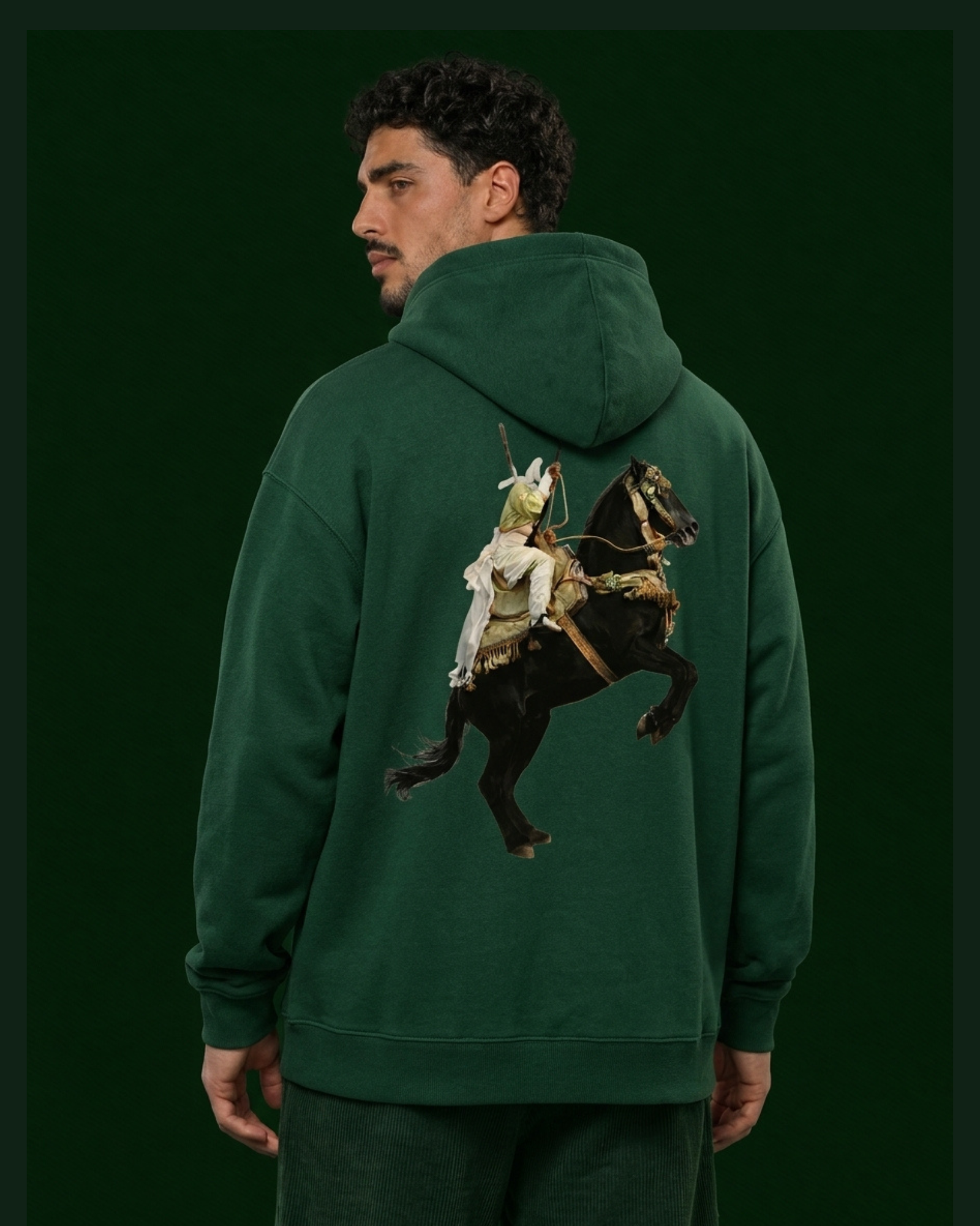 Fantasia Rider Hoodie — Green worn by men’s model, back view