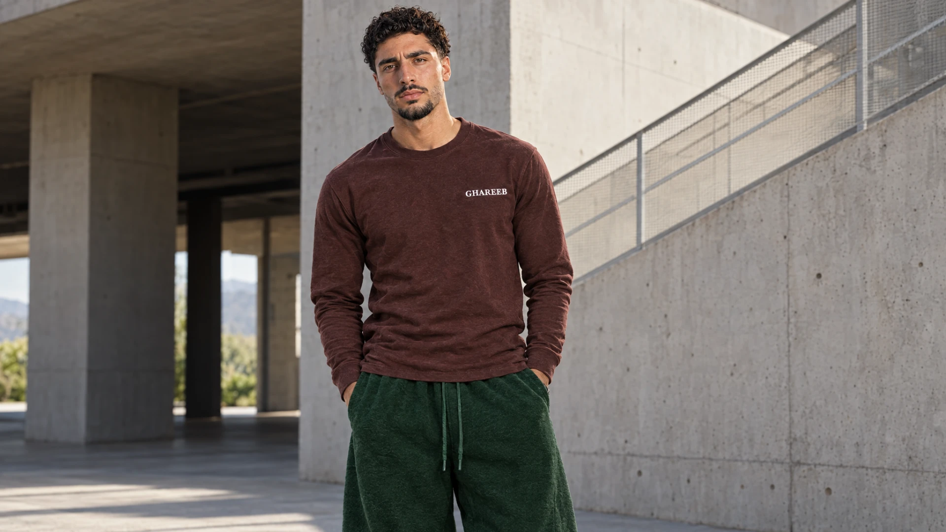 GHAREEB model wearing a brown long-sleeve shirt and green sweatpants