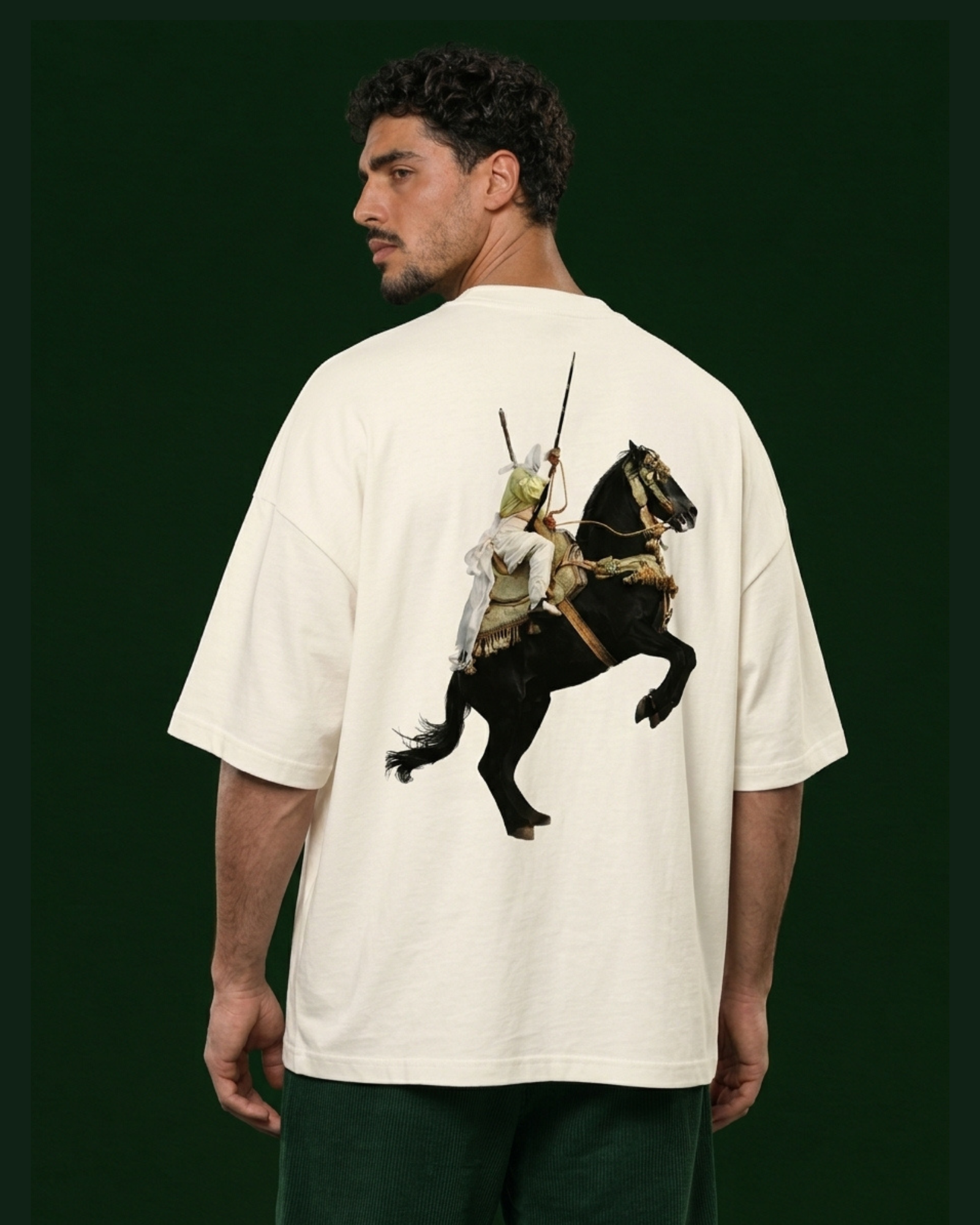 Fantasia Rider Oversized Tee — White worn by men’s model, back view