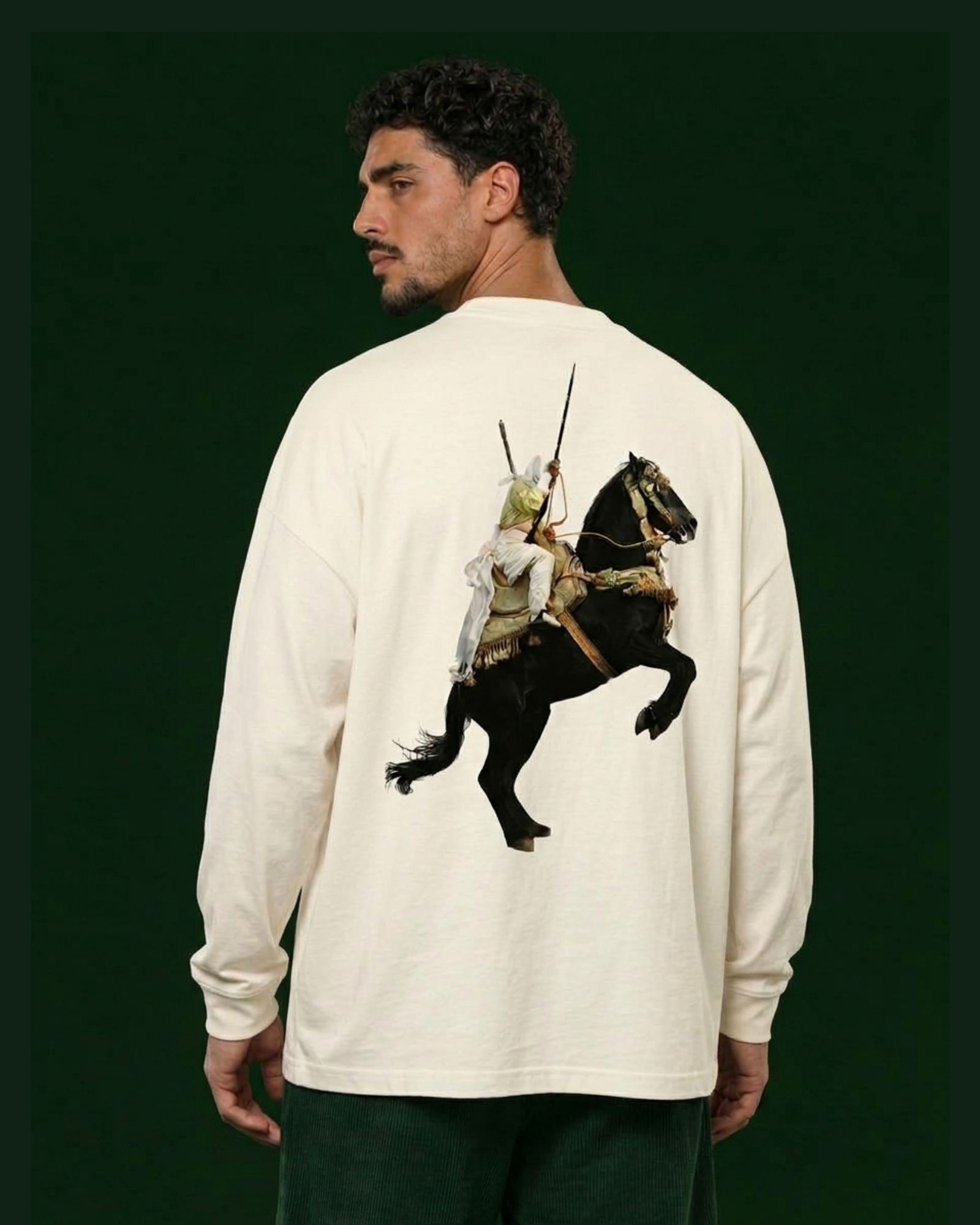 Fantasia Rider Long Sleeve — White worn by men’s model, back view