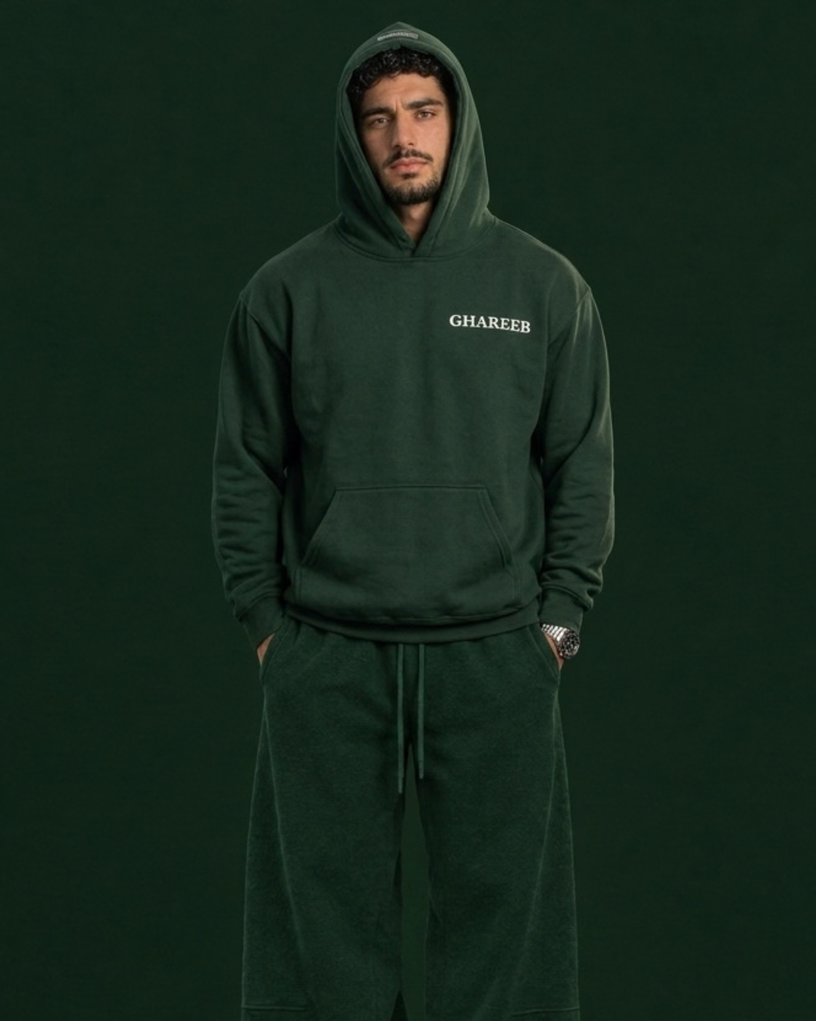 Fantasia Rider Hoodie — Green worn by men’s model, front view